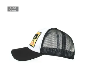 Side view of a vintage trucker hat with black mesh and yellow embroidered patch