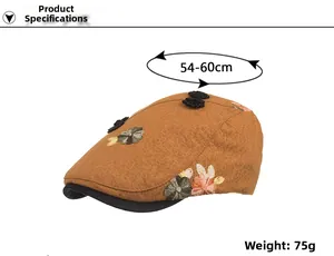 Detail of vintage floral embroidered newsboy cap with 54-60cm circumference and 75g weight