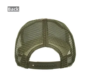 Back view of camouflage trucker hat featuring breathable mesh and adjustable snapback closure