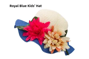 Detailed macro view of kids hand-woven straw hat with blue wavy brim and floral decor