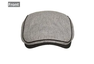 Front view detail of a grey tweed newsboy cap with black piping and textured fabric finish