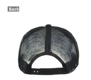 Detail view of the breathable black mesh back and adjustable snapback closure on trucker hat