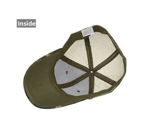 Internal view of camouflage mesh cap showing the 80% acrylic and 20% cotton lining