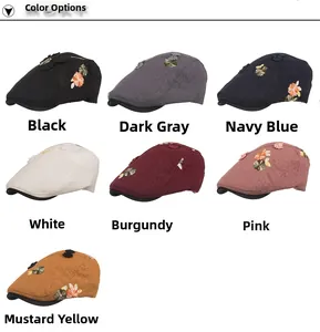 Detailed view showing seven available colors and floral embroidery on newsboy caps