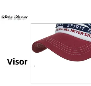 Detail of red cotton baseball cap brim with five-row white stitching and spirit embroidery