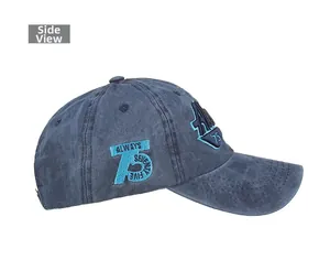 Close-up of vintage navy blue baseball cap with 75 Always Seventy Five side embroidery