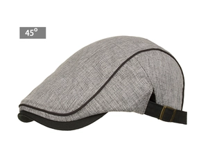 Detail view of grey flat cap showing textured fabric and adjustable buckle from 45-degree angle