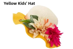 Detail of children's woven straw hat featuring cream crown and yellow wavy brim with flowers