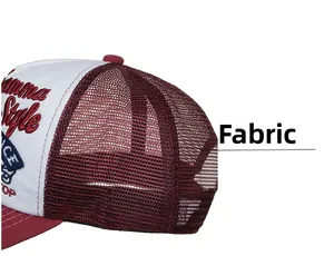 Detail of red mesh fabric and premium stitching on the Ganna Style trucker hat