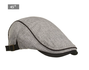 Macro side view of gray textured ivy cap with black piping and adjustable metal buckle