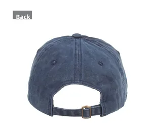 Detailed back view of navy blue washed cotton baseball cap with adjustable bronze metal buckle