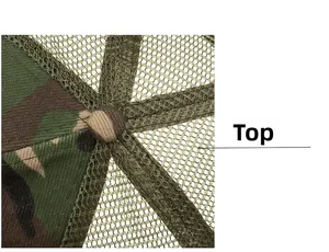 Close-up of camouflage mesh sun hat crown showing detailed stitching and fabric button