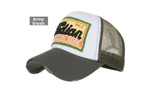 Detail of army green trucker hat featuring distressed brim and Indian embroidery patch