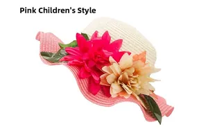 Detail of kids straw sun hat featuring pink wavy brim and decorative large floral accents