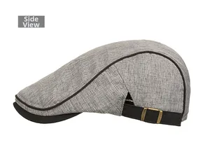 Side view of men's grey flat cap with clear fabric texture and adjustable buckle