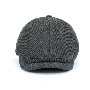 Classic dark grey wool newsboy cap with vintage textured vertical stripes and top button