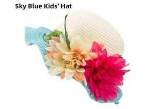 Detailed view of sky blue kids straw hat with large pink and beige floral decorations