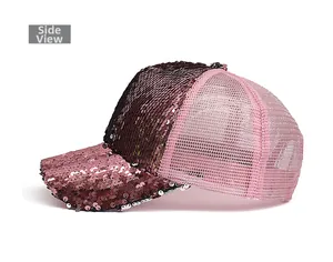 Side view of pink and purple sequin trucker hat with breathable mesh back and adjustable strap
