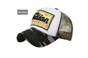 Detail of camouflage mesh trucker hat featuring vintage Indian NO.7 embroidered patch