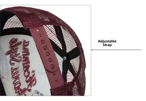 Macro detail of the adjustable seven-hole plastic snapback on burgundy mesh trucker hat