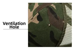 Close-up of ventilation holes and mesh stitching on the camouflage baseball cap