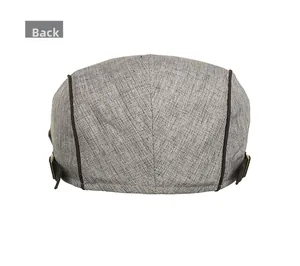 Back view of gray blended fabric flat cap with brown trim and adjustable side buckles