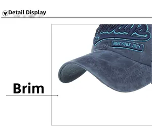 Macro detail of navy washed cotton baseball cap brim with New York City letter embroidery