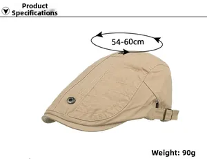 Détails de la casquette gavroche kaki avec boucle réglable et spécifications 54-60cm
