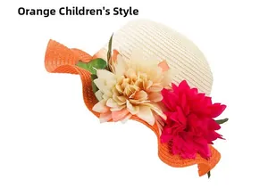 Detail of hand-woven straw hat for kids featuring orange contrast and floral decor