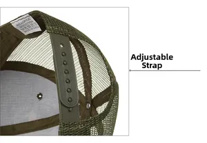 Detail view of adjustable plastic snapback on camouflage mesh trucker hat with label
