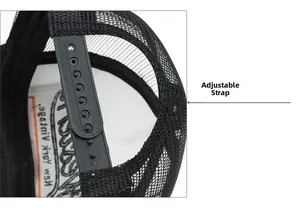 Close-up of the adjustable black mesh snapback closure and embroidery detail