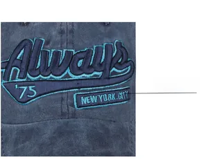 Close-up of 3D embroidered Always 75 New York City text on washed cotton baseball cap