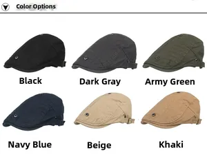 Vue en grille de casquettes plates en coton en noir gris vert marine beige et kaki