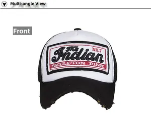 Close-up of distressed trucker hat with skeleton embroidery and breathable mesh back
