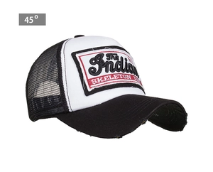 Detail view of washed cotton mesh trucker hat with vintage embroidery and frayed brim