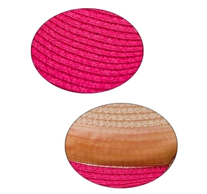 Detail showing fuchsia woven straw hat texture with inner sweatband and stitching