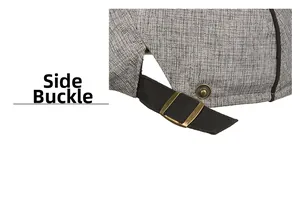 Detail of adjustable side buckle with black strap and metal fastener on gray hat