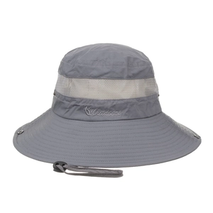 Detail of grey sun hat showing breathable mesh band and embroidered Outdoors logo