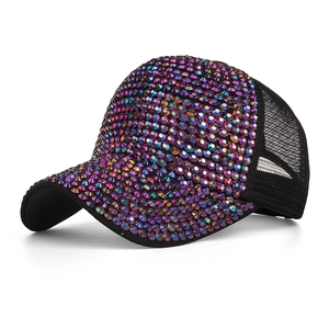 Detail view of rhinestone baseball cap with black mesh back and iridescent crystals