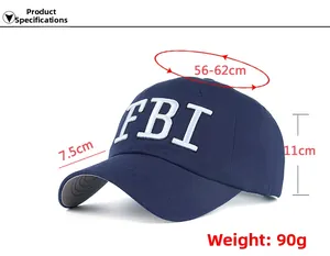 Detail view of cotton baseball cap with FBI embroidery showing size dimensions and weight