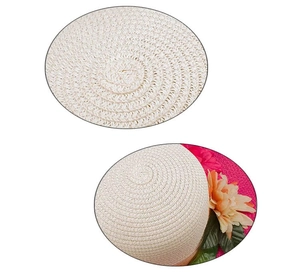 Detailed view of hand-woven straw hat showing tight spiral texture and colorful silk flowers
