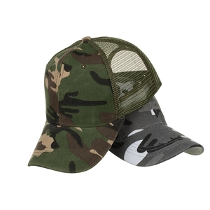 Camo mesh baseball caps with curved brims in woodland and urban camouflage patterns