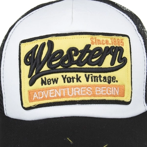 Vintage washed cotton trucker hat with yellow Western embroidery and breathable mesh back