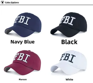 Detailed embroidery showcase of FBI logo baseball caps in four classic color options