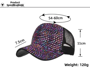 Detailed size specs for mesh baseball cap with colorful rhinestones and breathable back