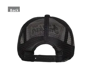Detailed back view of black mesh trucker hat with adjustable plastic snapback closure