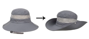 Detail of dark grey sun hat showing mesh vents and side snaps for cowboy style