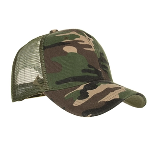Classic camouflage trucker hat with breathable olive mesh and curved brim, 45-degree angle