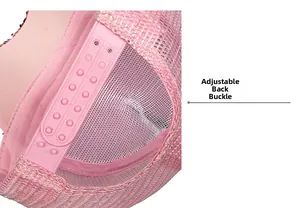 Detail of adjustable snapback closure on pink mesh baseball cap for custom fit