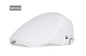 Close-up of white breathable mesh newsboy cap with adjustable metal side buckle